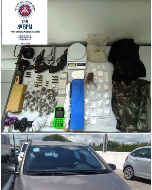 Em Alagoinhas, policiais do Quarto Batalhão apreendem armas, munições, drogas e recuperam veículo roubado.